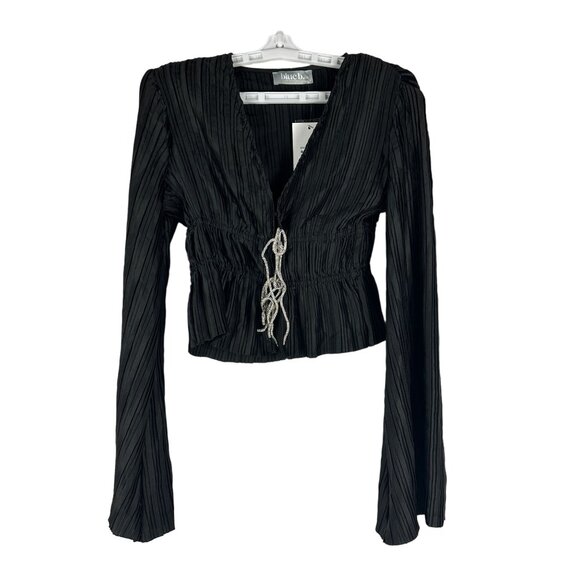 Blue b. Black Long Sleeve Pleated Top Rhinestone Drawstring Detail Size S - Picture 1 of 8